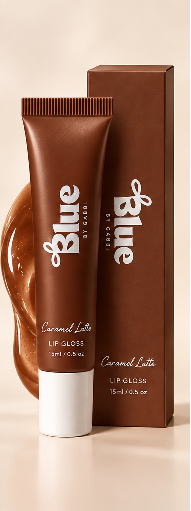 Caramel Latte BLUE by Gabbi lip gloss tube and matching box