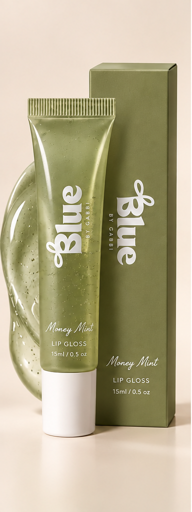 Money Mint BLUE by Gabbi lip gloss tube and matching box